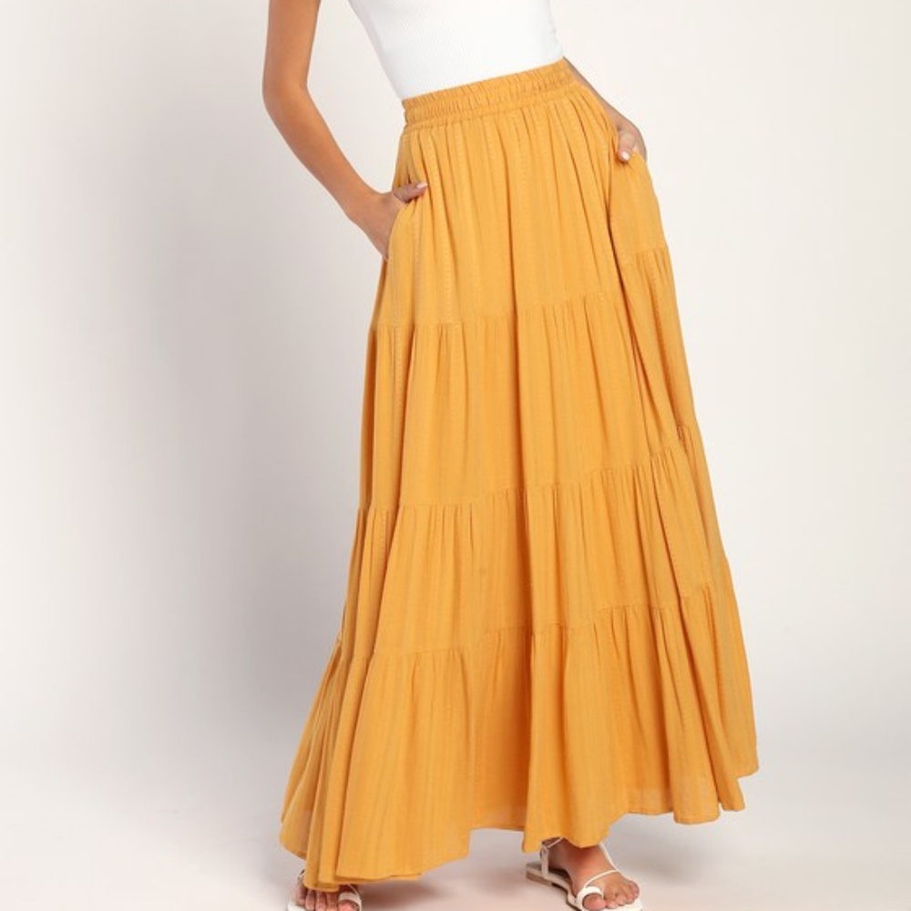 Lulus Sunset By The Sea Mustard Yellow Embroidered Tiered Maxi Skirt - Size XS